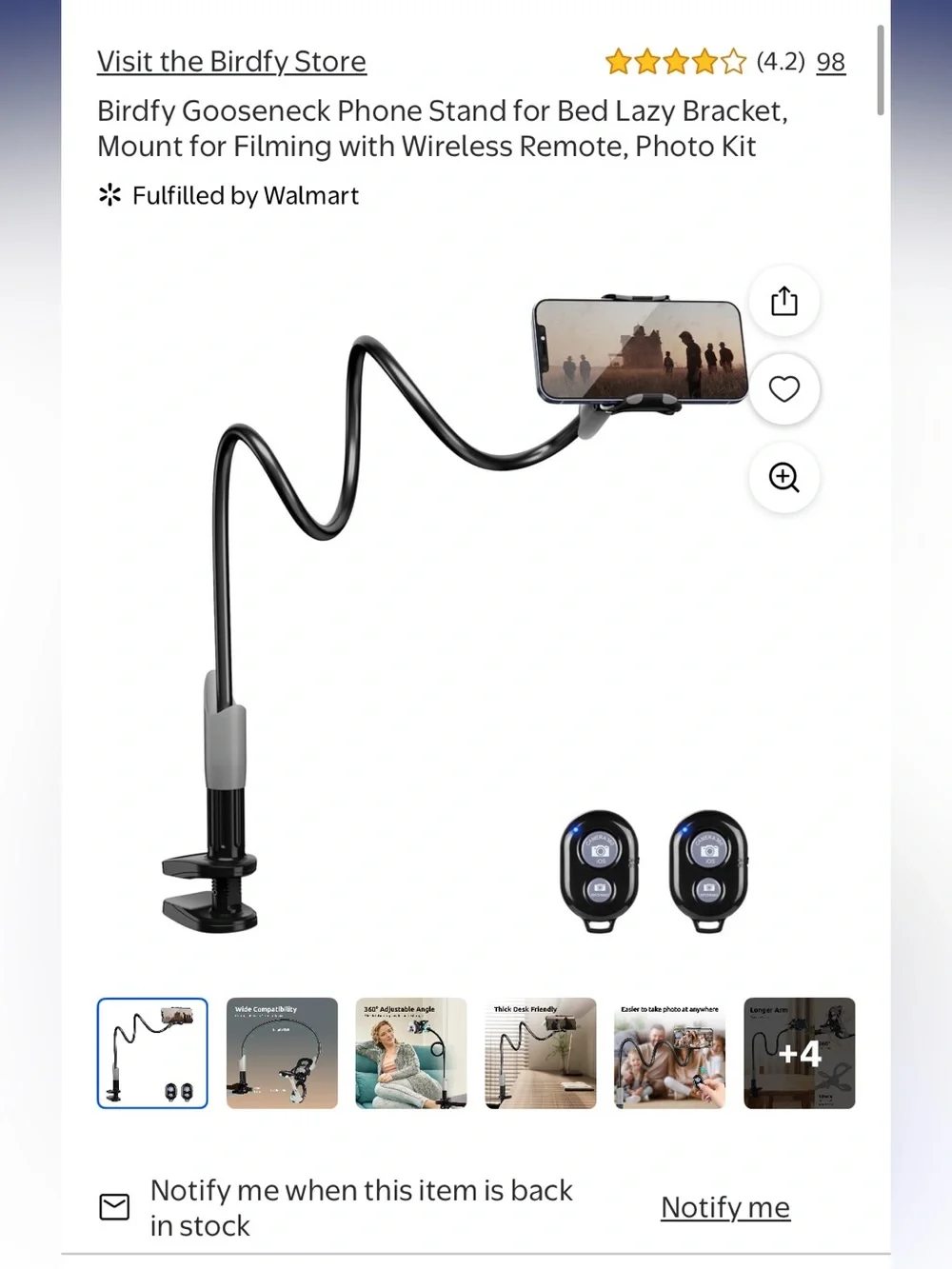 NEW BIRDFY Photo Kit Gooseneck Phone Holder with Bluetooth Remote - Black